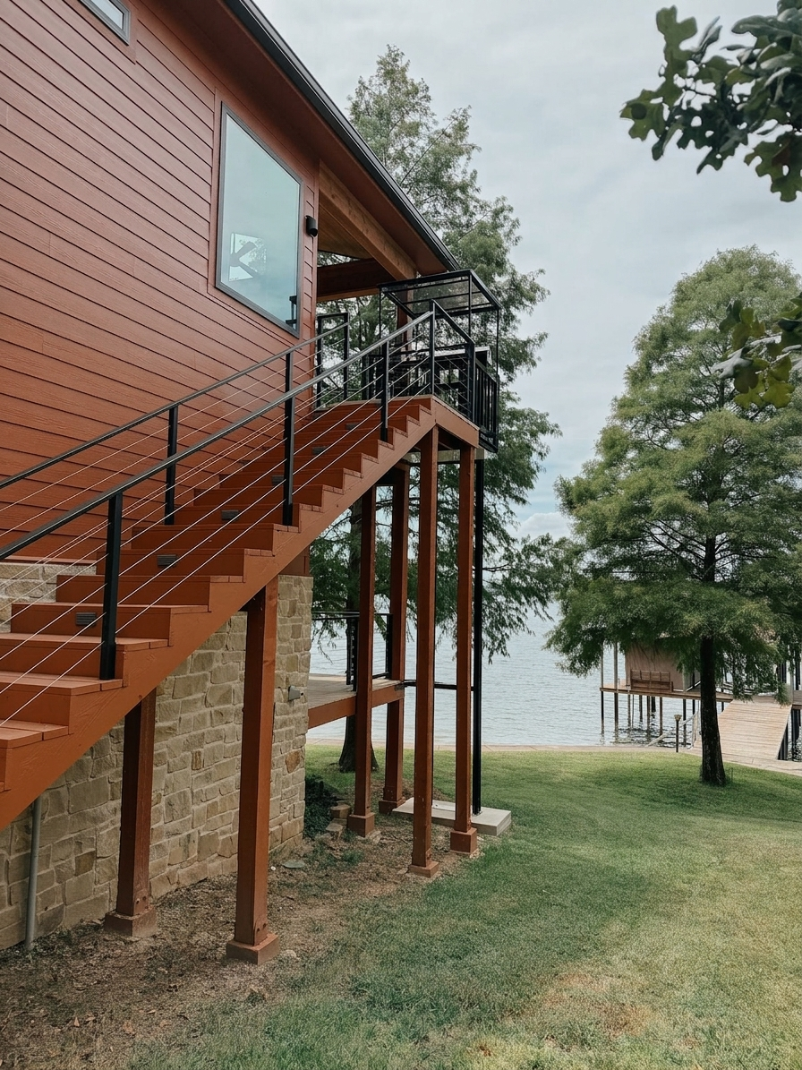 A completed Galaxy cargo lift track and stairs on an elevated rust-red home in Pinellas County